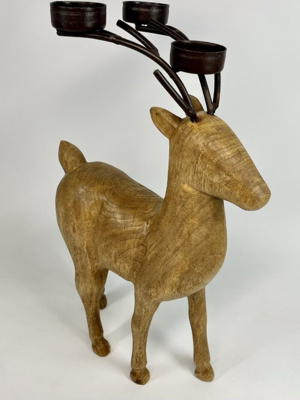 Carved Wood Deer 3 Candle Holder Metal Antlers Holiday Centerpiece Rustic